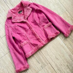 Vintage Y2K 90s Pink Mudd Penny Lane Faux Suede Shearling Jacket Cozy Boho Sz L